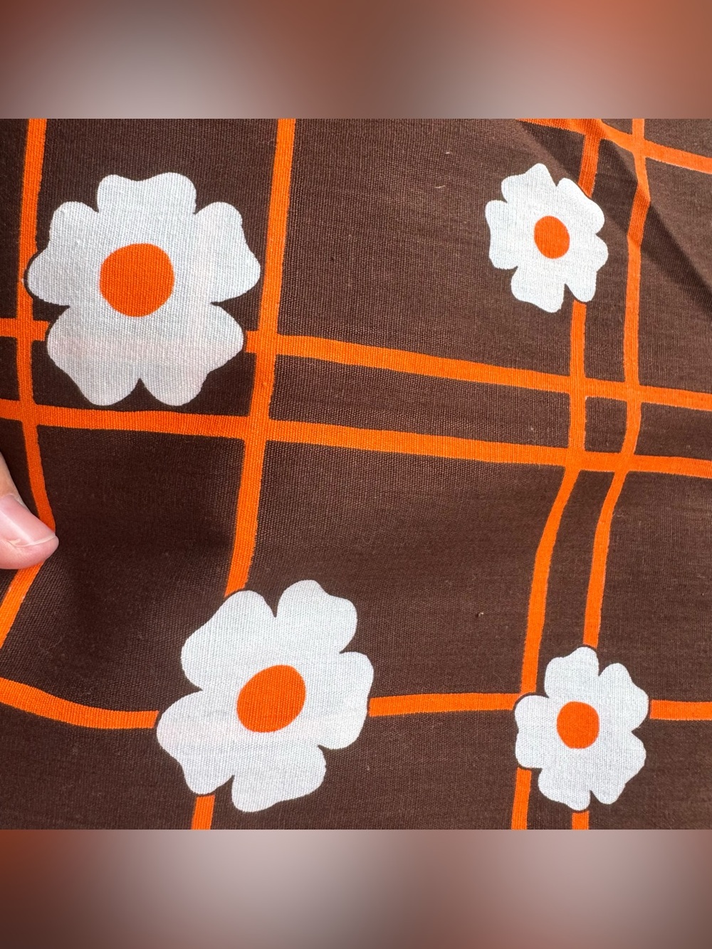 Vintage Daisy Floral Fabric Brown Orange White 107” x 44.5”